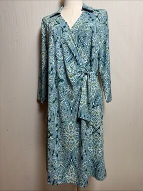 Talbots Faux Wrap Blue & Green Paisley Jersey Dress Size Large Petite